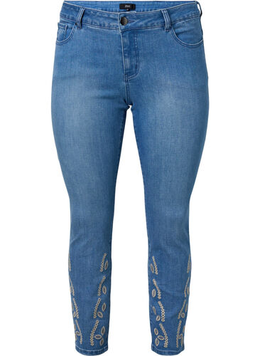 Croppade Emily jeans med broderi, Blue denim, Packshot image number 0