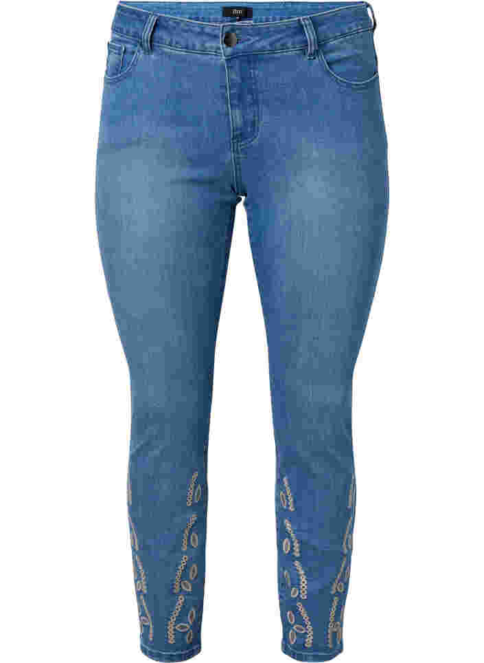 Croppade Emily jeans med broderi, Blue denim, Packshot image number 0