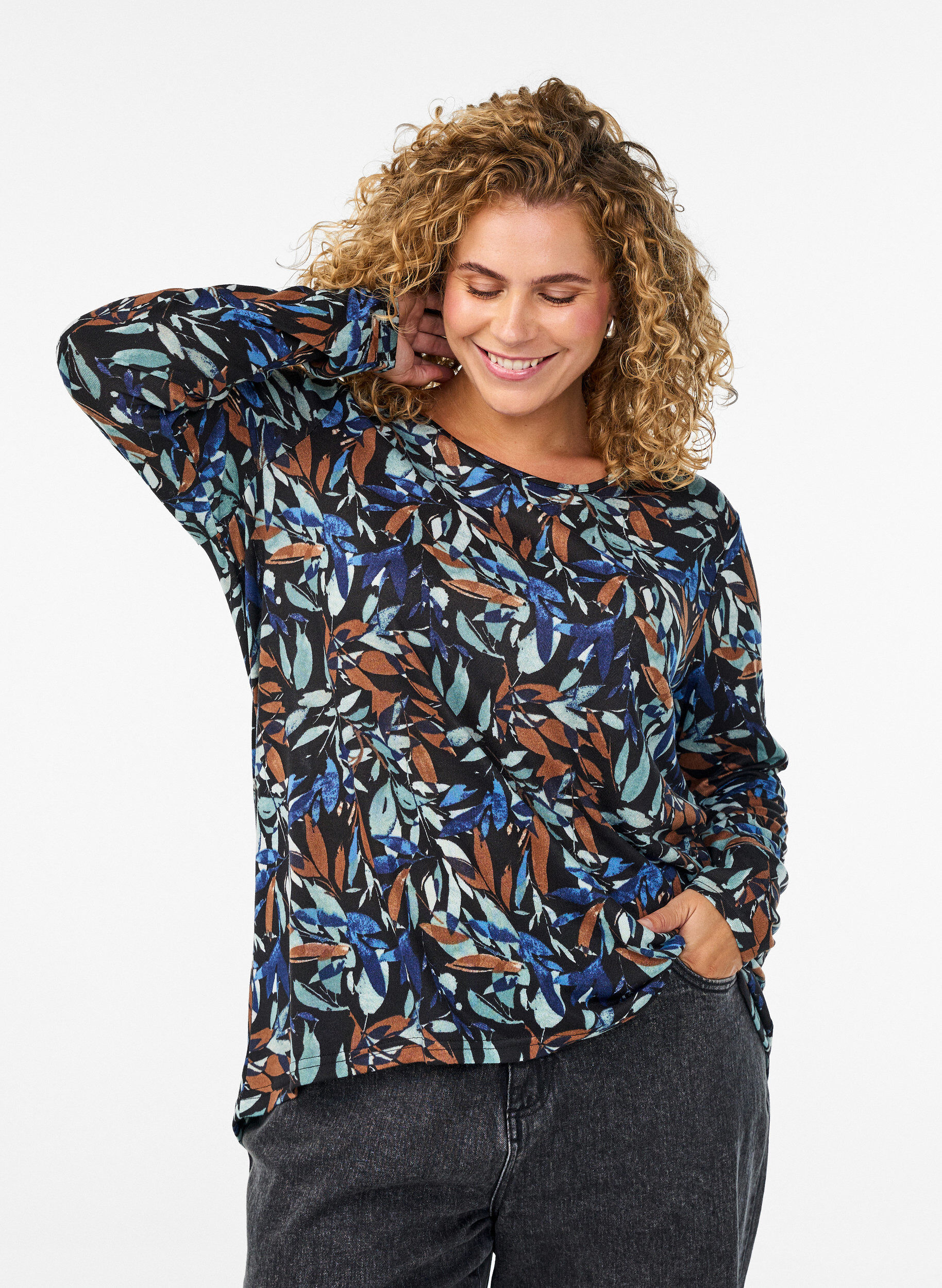 ZizziM&ouml;nstrad blus med l&aring;nga &auml;rmar, Bl&aring;, Model image number 0