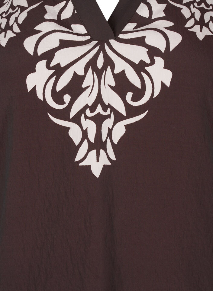 Kortärmad blus med tryck och volanger, Brun, Packshot image number 2