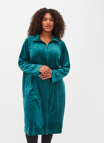 Klänning  i velour med blixtlås och fickor, Ponderosa Pine, Model image number 0