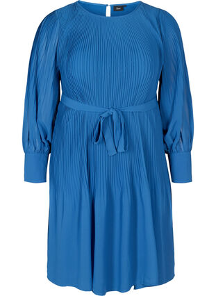 Långärmad plisse klänning med knytband, Classic Blue , Packshot image number 0
