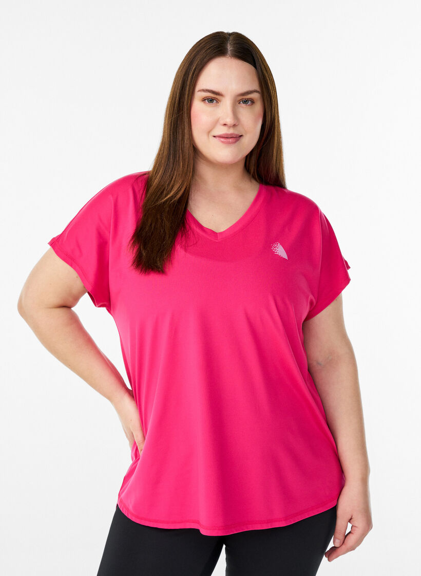 Kort&auml;rmad tr&auml;ningstopp med v-hals, Rosa, Model image number 0