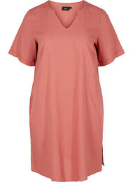 Kortärmad klänning i bomullsmix med linne, Canyon Rose