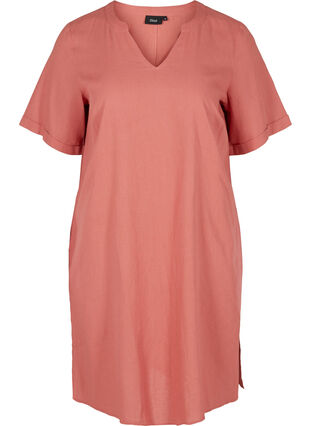 Kortärmad klänning i bomullsmix med linne, Canyon Rose, Packshot image number 0