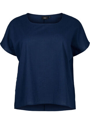 Kortärmad blus i bomullsmix med linne, Navy Blazer, Packshot image number 0