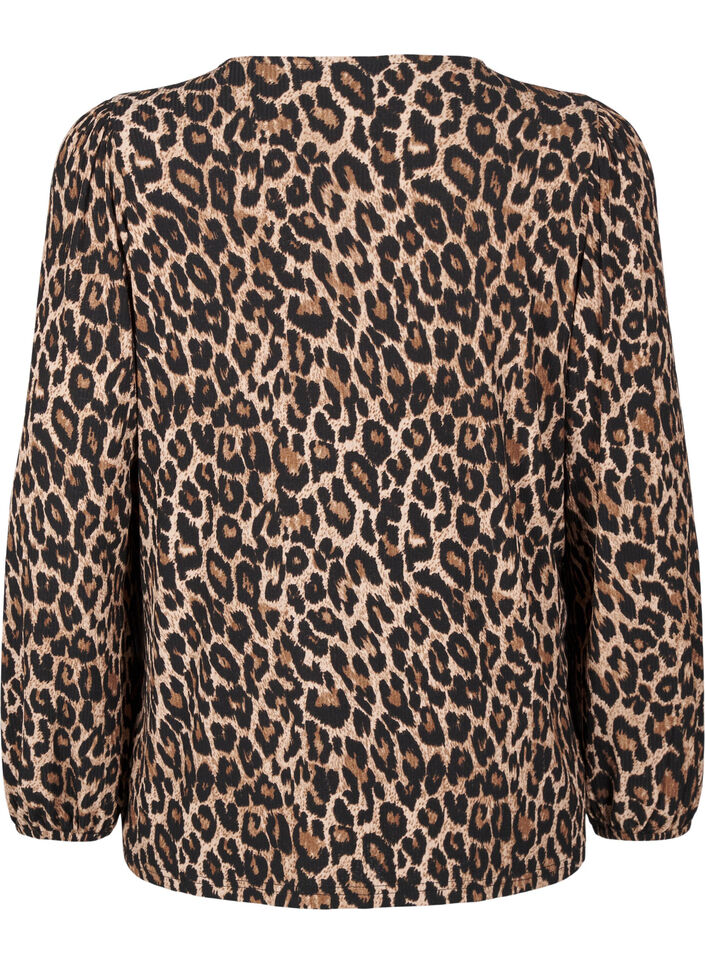 Blus med l&aring;nga &auml;rmar och leopardm&ouml;nster, Brun, Packshot image number 1