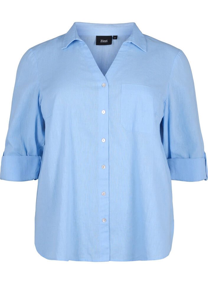 Skjortblus med knappst&auml;ngning i bomulls- och linneblandning, Serenity, Packshot image number 0