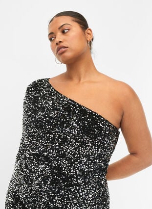 Kort one-shoulder klänning med paljetter, Black/Silver Sequins, Model image number 2