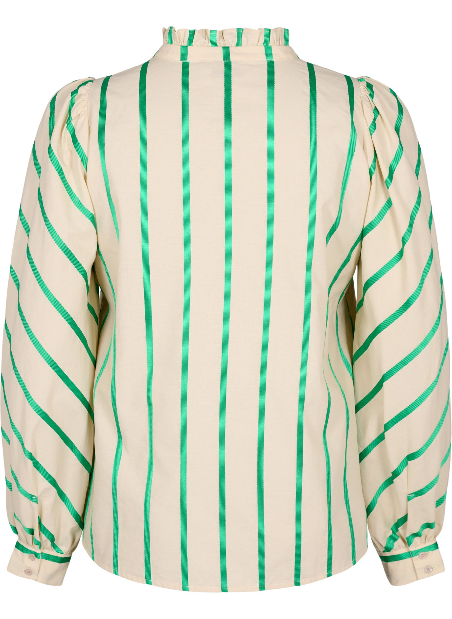 Zizzi Randig blus av bomullskjortmodell med volangkrage, Beige Green Stripe, Packshot image number 1