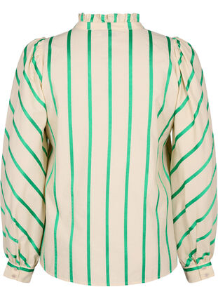 Randig blus av bomullskjortmodell med volangkrage, Beige Green Stripe, Packshot image number 1