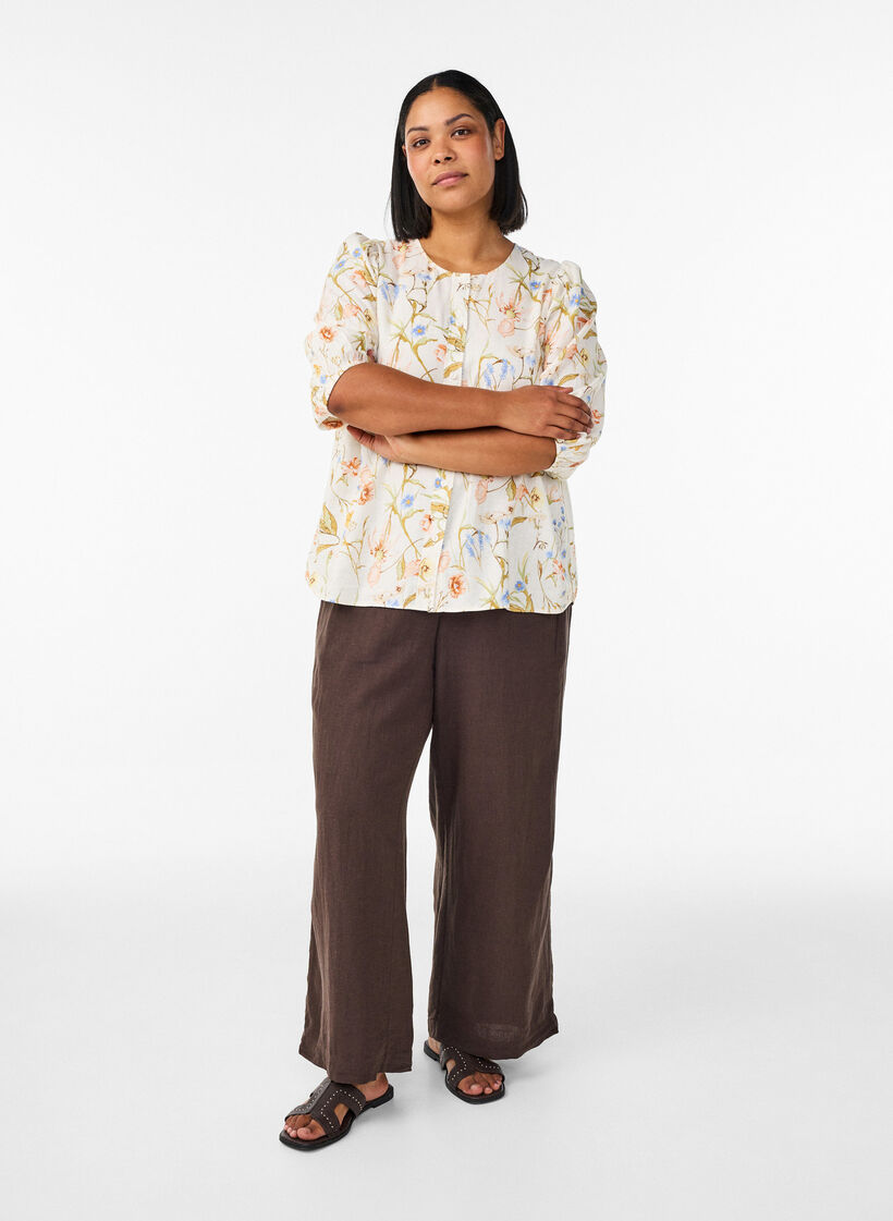 Skjortblus i linne och viskos med 3/4-&auml;rmar, Vanilla, Model image number 1