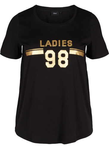 T-shirt i bomull med tryck på bröstet, Black LADIES 98, Packshot image number 0