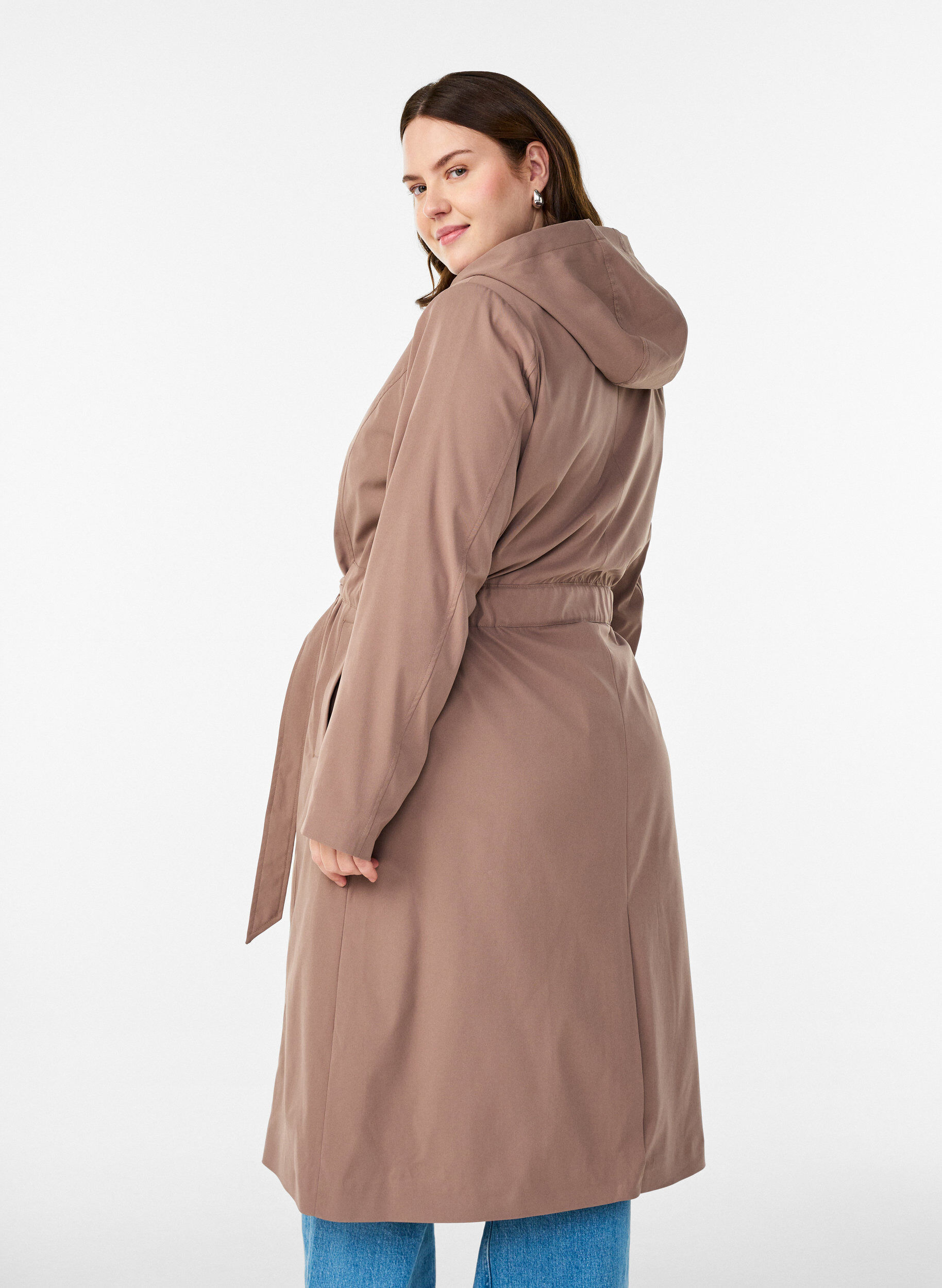 Zizzi Trenchcoat med huva och knytsk&auml;rp, Brun, Model image number 2