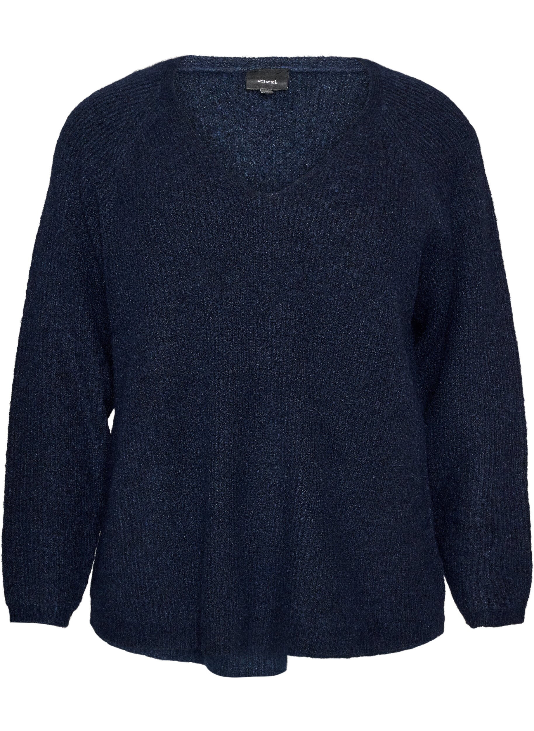 ZizziStickad blus med v-ringning och raglan&auml;rmar, Bl&aring;, Packshot image number 0