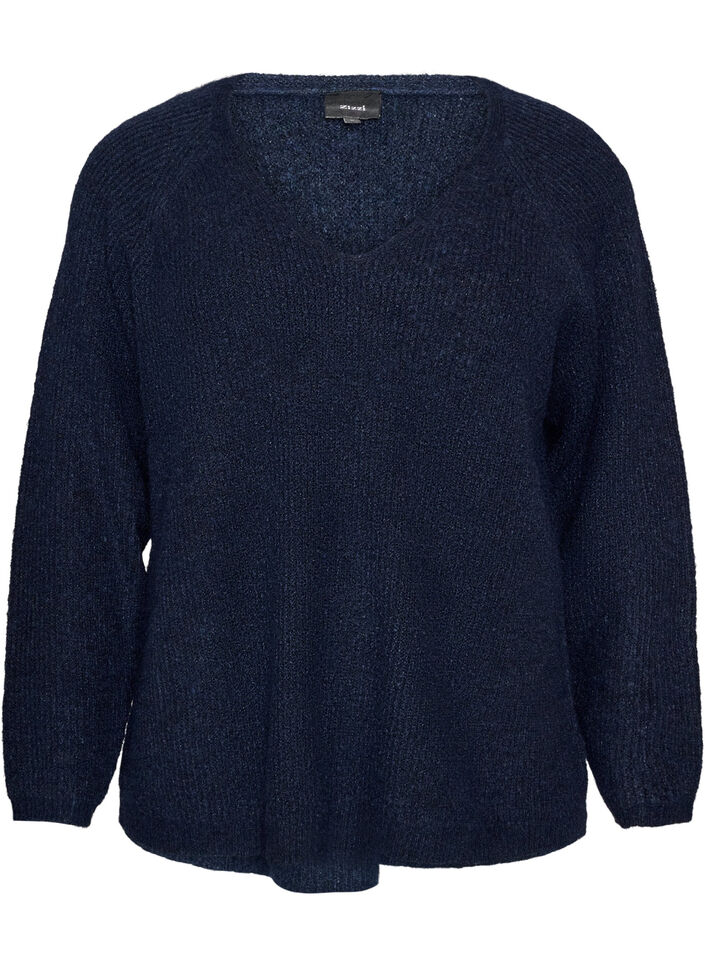 Stickad blus med v-ringning och raglan&auml;rmar, Bl&aring;, Packshot image number 0