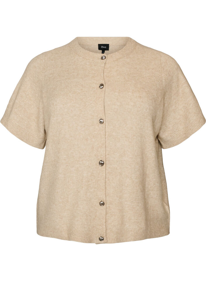 Stickad kofta med korta &auml;rmar, Beige, Packshot image number 0