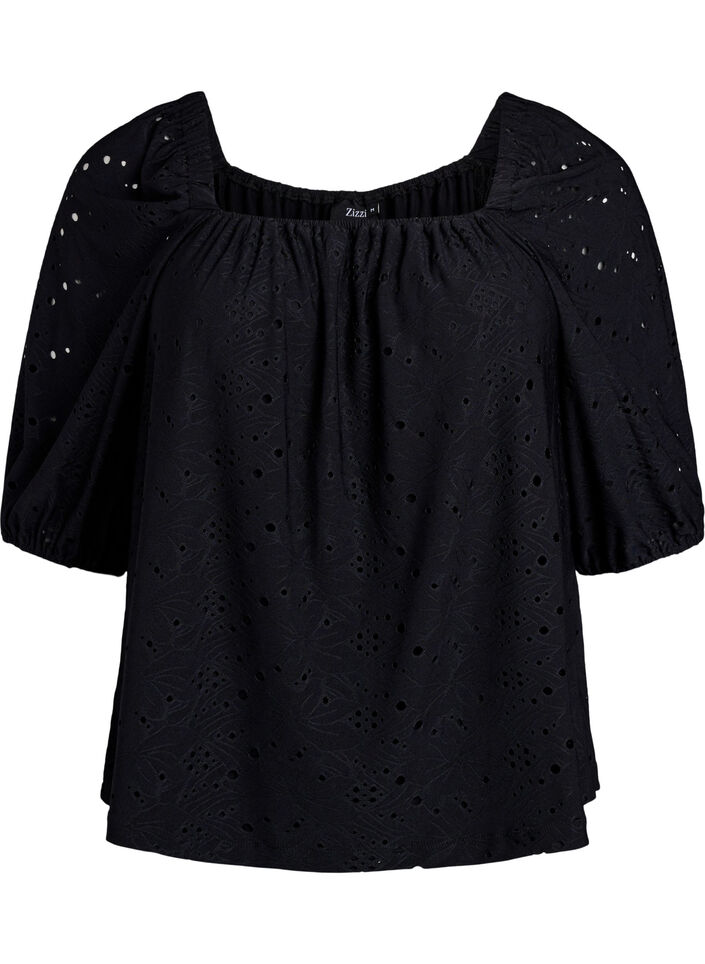 Blus med korta puff&auml;rmar och h&aring;lm&ouml;nster, Svart, Packshot image number 0