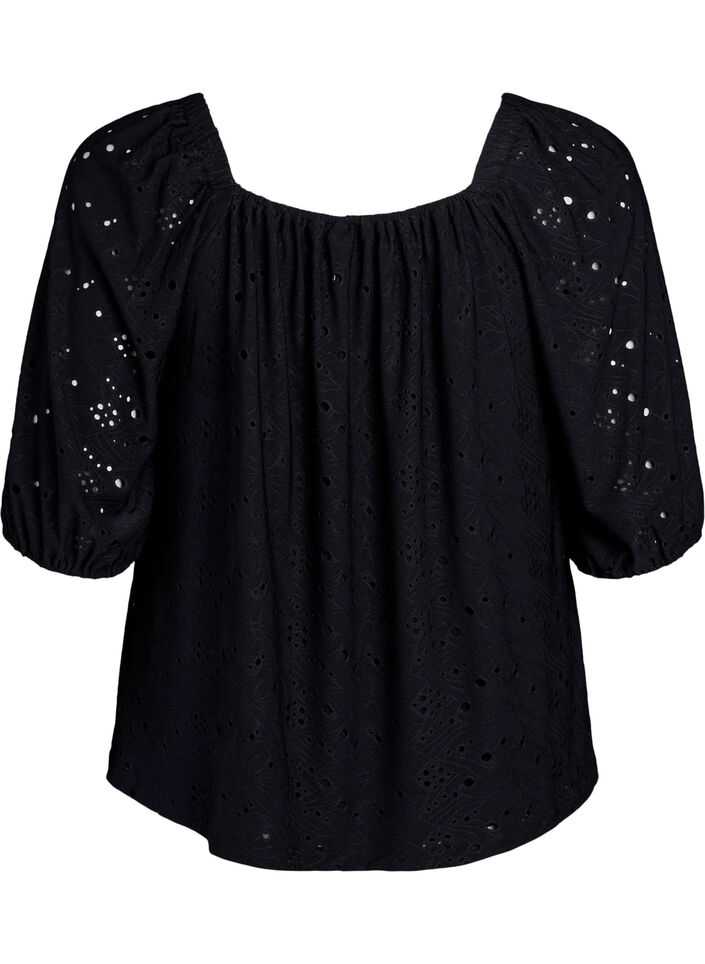 Blus med korta puff&auml;rmar och h&aring;lm&ouml;nster, Svart, Packshot image number 1
