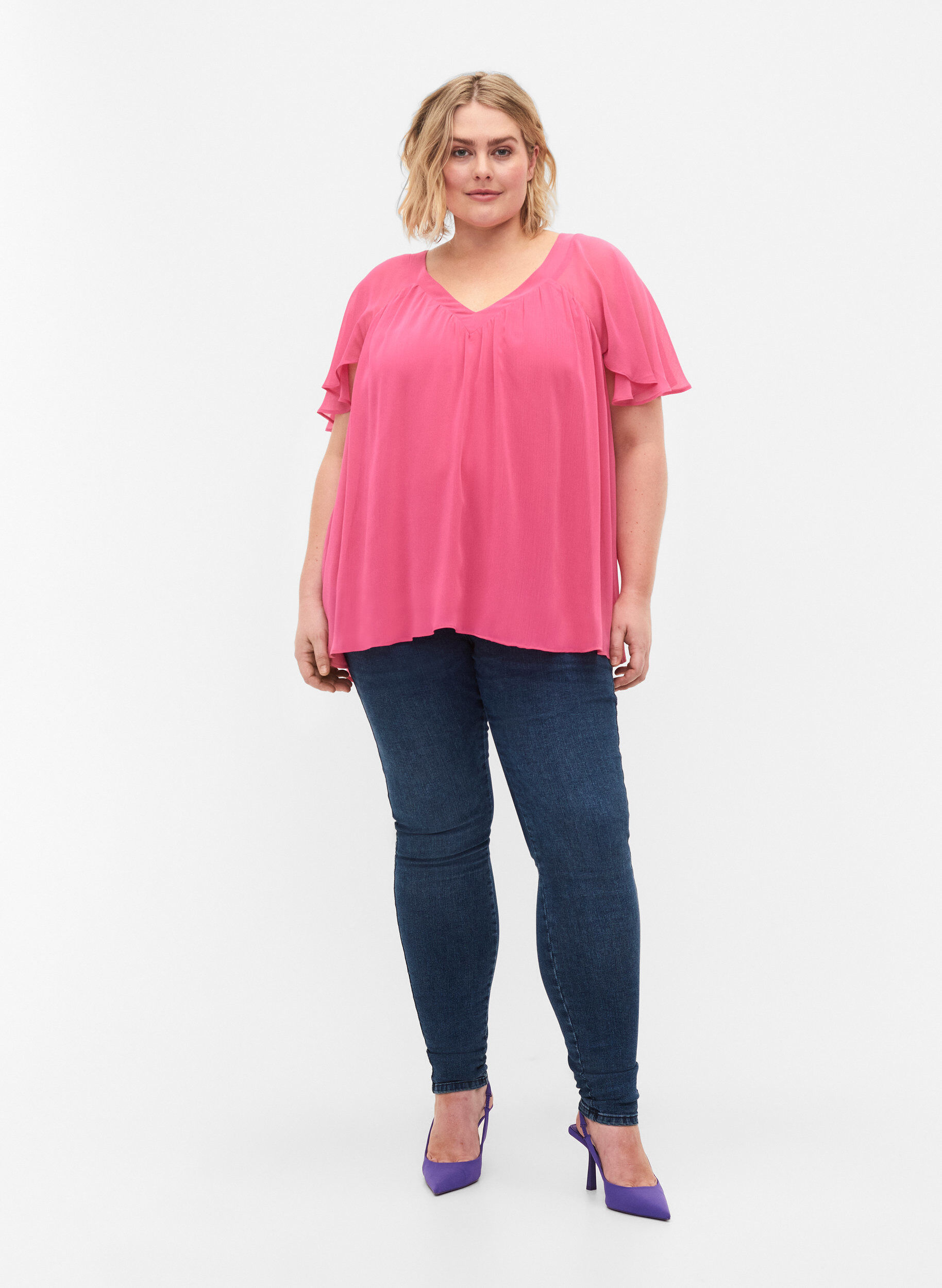 Zizzi Enf&auml;rgad blus med fladdermus&auml;rmar och V-ringad hals, Shocking Pink, Model image number 2