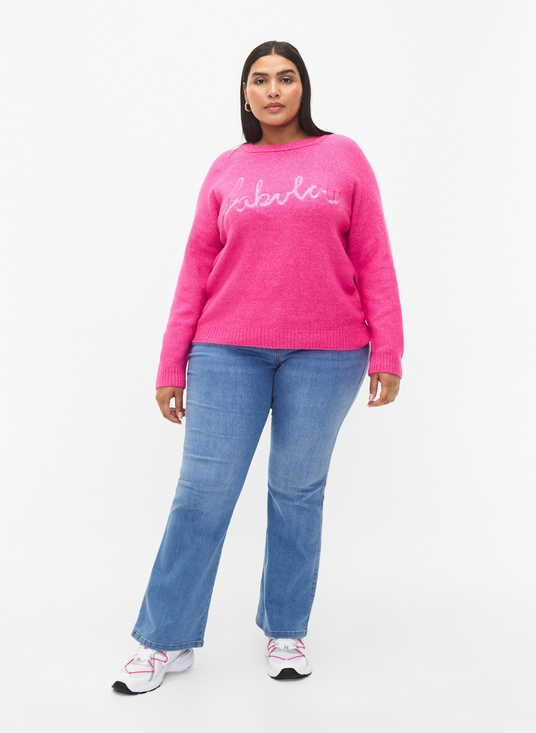 Zizzi Stickad blus med broderad text, Raspberry Rose, Model image number 2