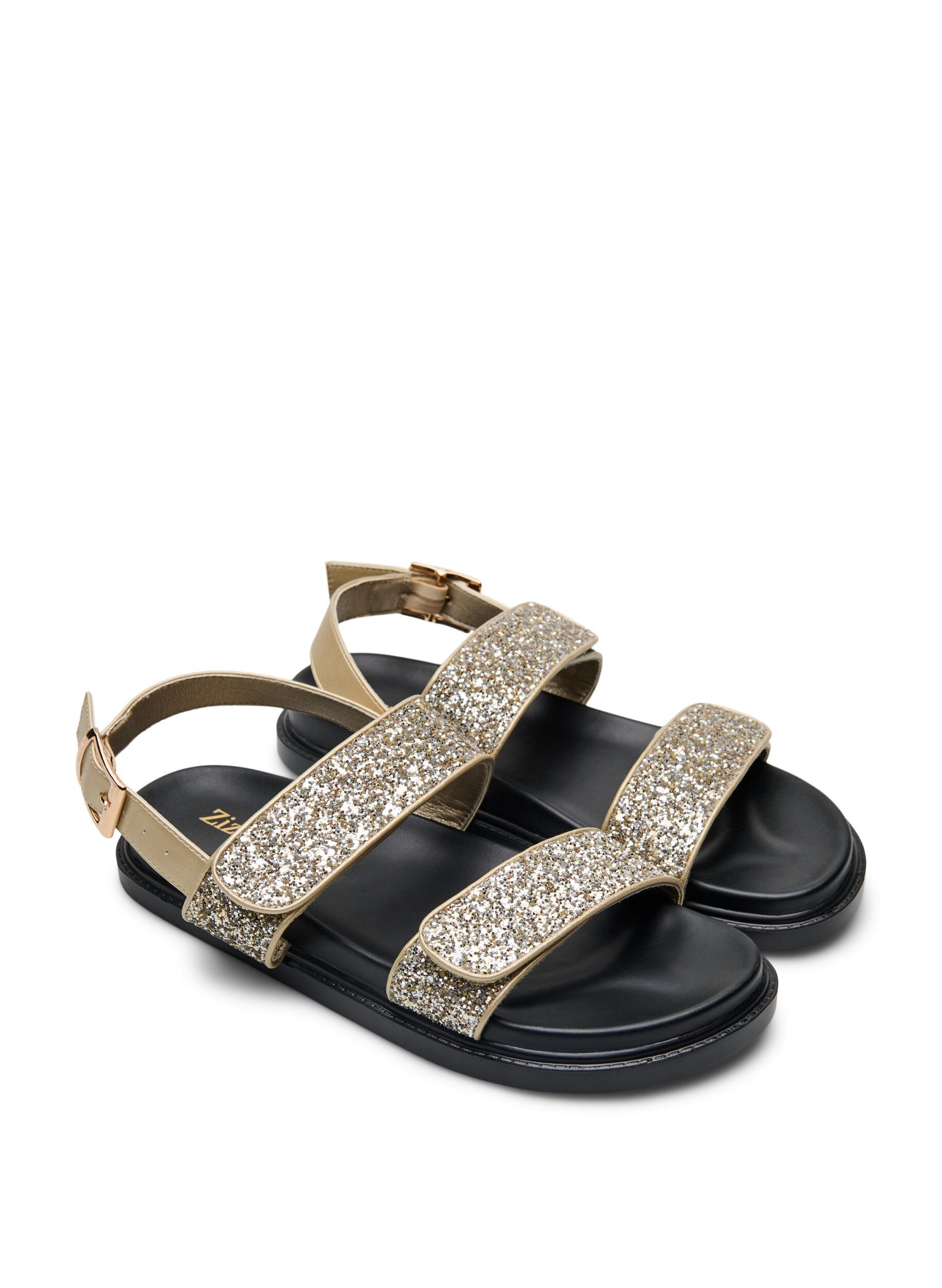 Zizzi Wide fit - Glittersandal med kardborrekn&auml;ppning, Guld, Packshot image number 1