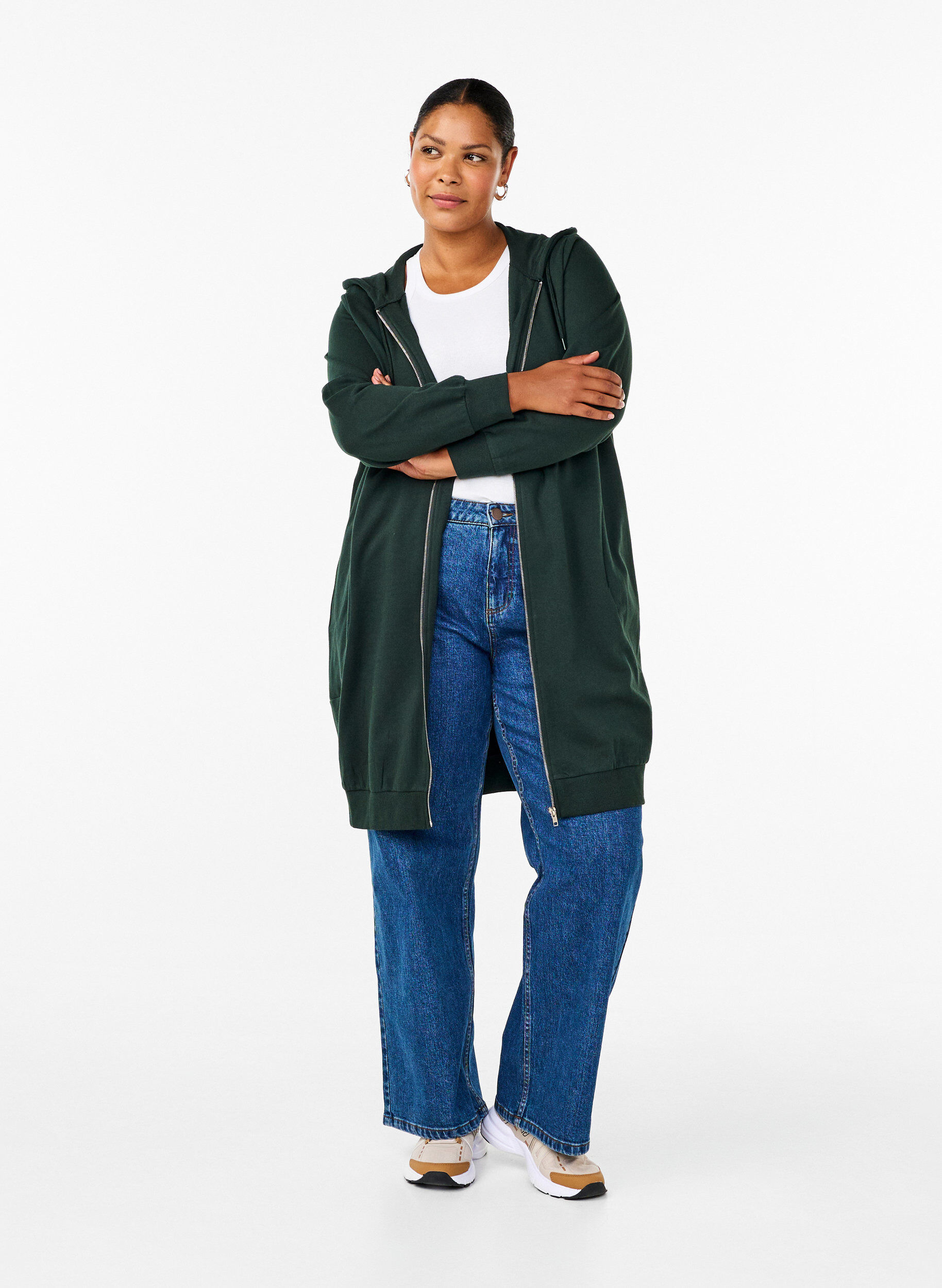 Zizzi L&aring;ng sweatkofta i bomull med huva, Gr&ouml;n, Model image number 1