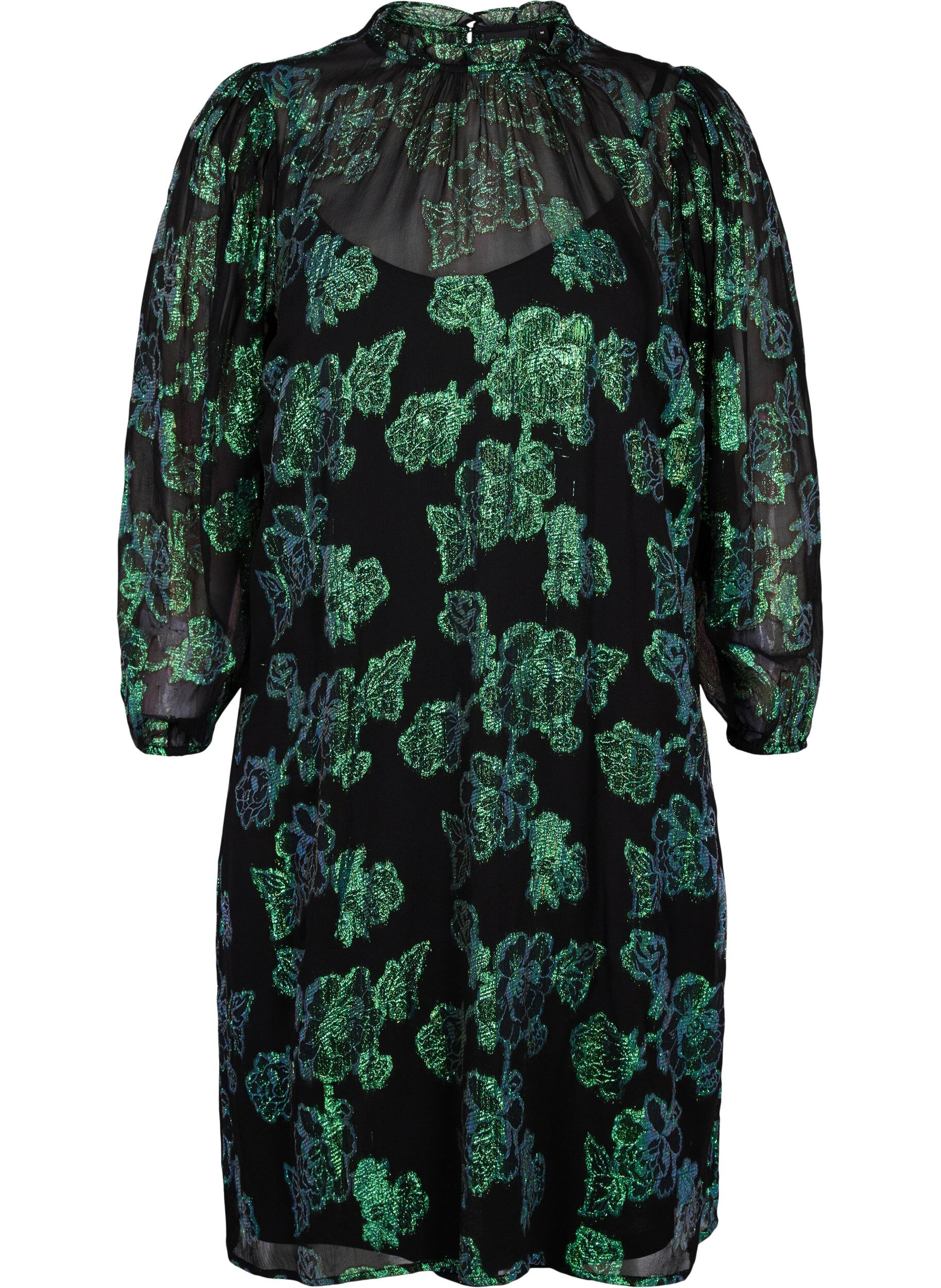 Zizzi Blommig kl&auml;nning i viskos med lurex, Black w. Green Lurex, Packshot image number 0