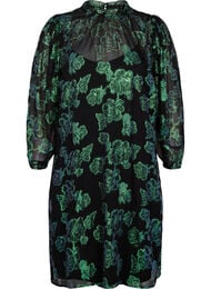 Blommig klänning i viskos med lurex, Black w. Green Lurex