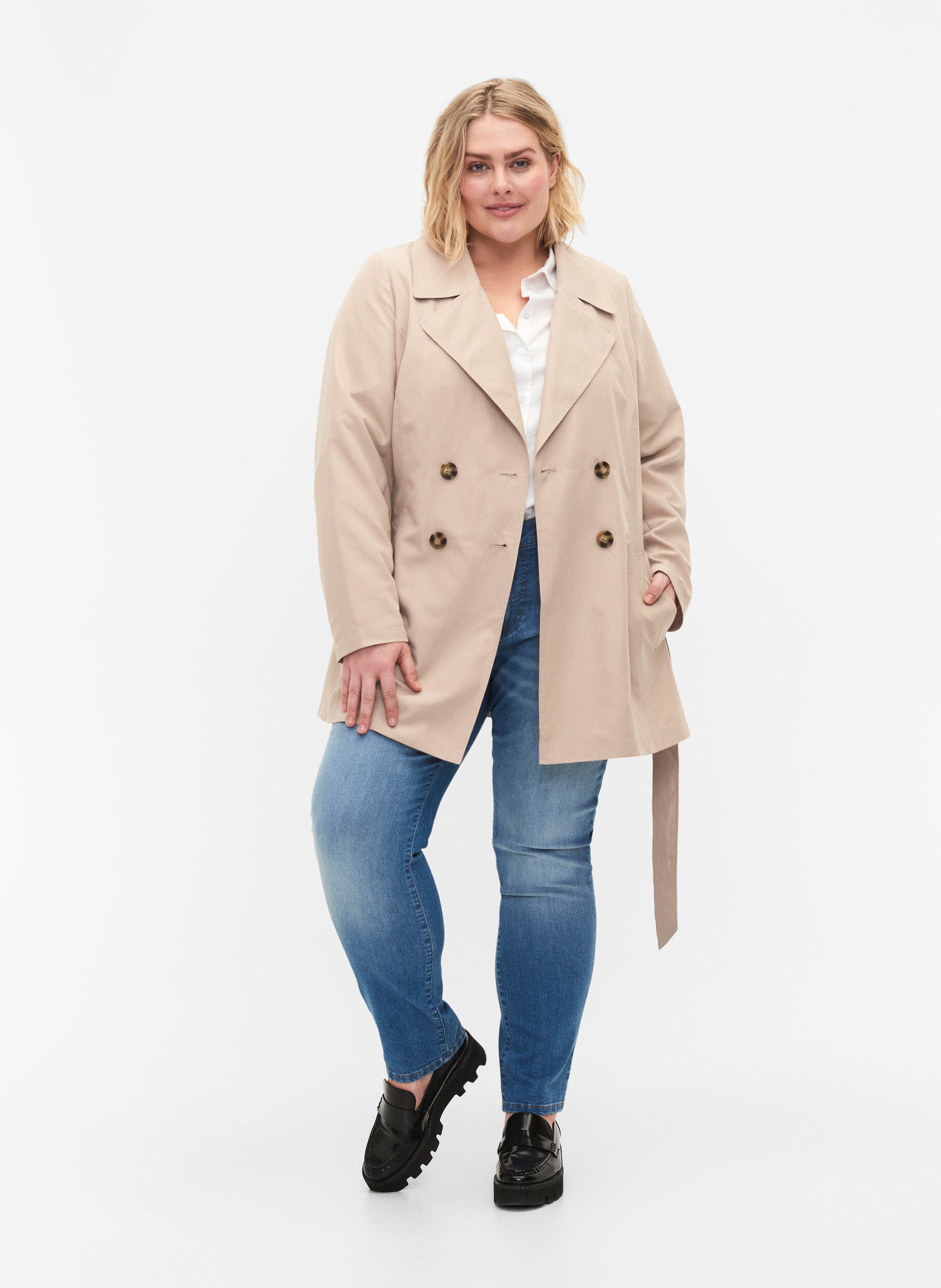 Zizzi Trenchcoat med b&auml;lte och fickor, Nomad, Model image number 2