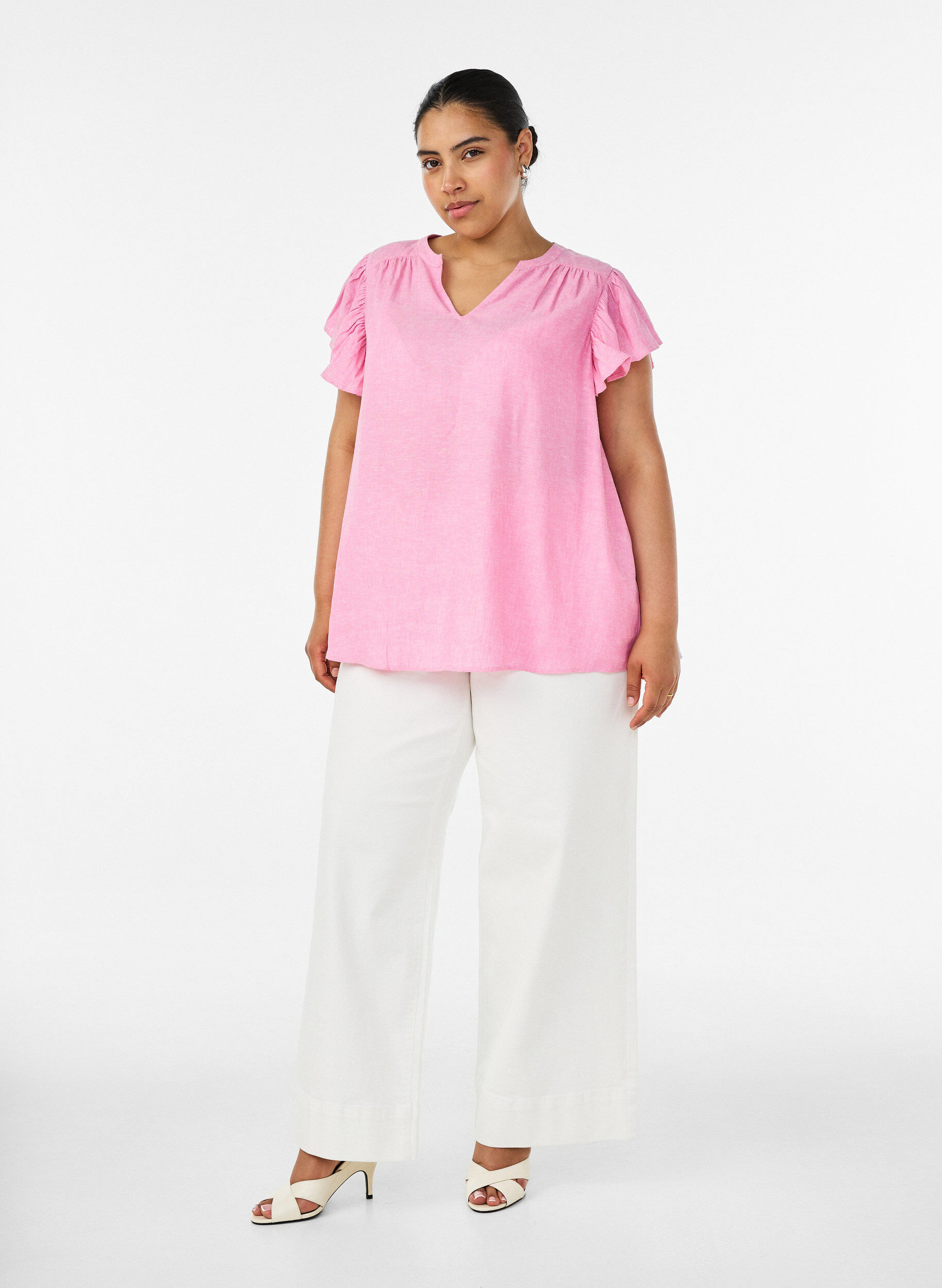 ZizziBlus i viskos och linne med volang&auml;rmar, Rosa, Model image number 1