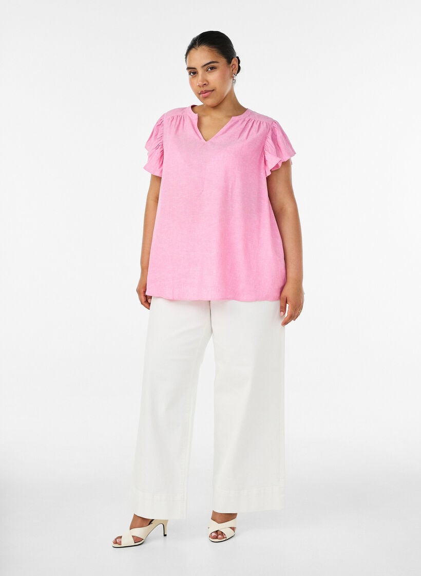 Blus i viskos och linne med volang&auml;rmar, Rosa, Model image number 1