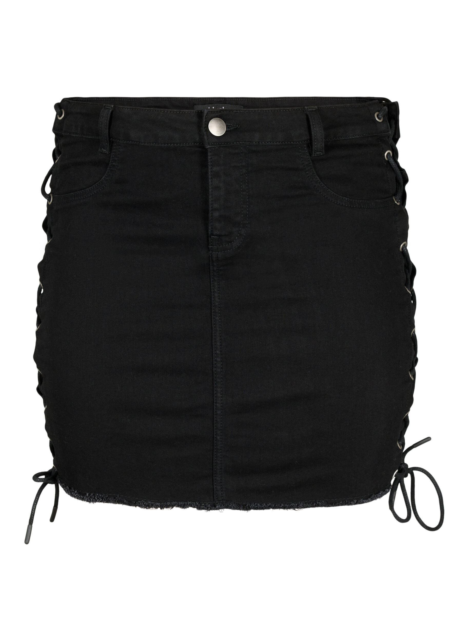 Zizzi Kort jeanskjol med sn&ouml;rningsdetaljer, Black, Packshot image number 0