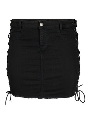 Kort jeanskjol med snörningsdetaljer, Black, Packshot image number 0