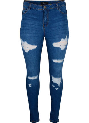 Slim fit-jeans med nötta detaljer, Blue Denim, Packshot image number 0