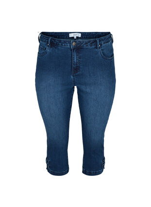 Trekvartsbyxor i jeans med rosett, Dark blue denim, Packshot image number 0