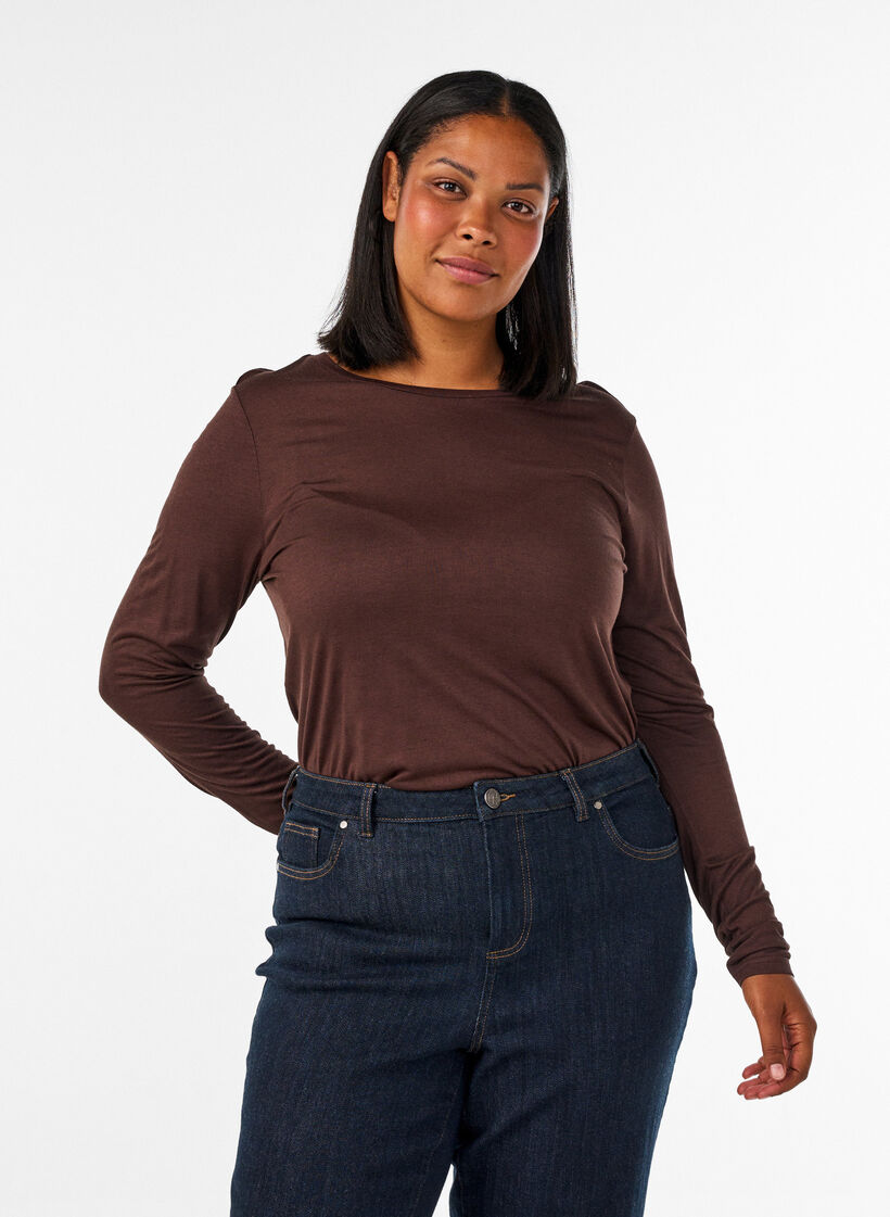 L&aring;ng&auml;rmad blus i ull och viskos, Brun, Model image number 0