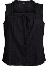 &Auml;rml&ouml;s blus med broderie anglaise och volanger, Svart