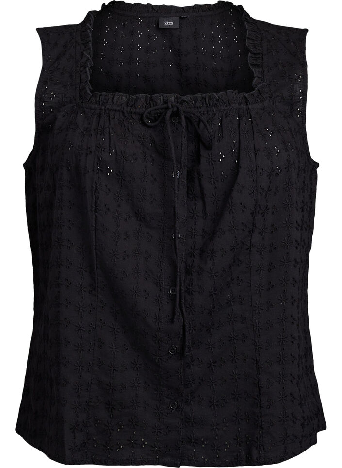 &Auml;rml&ouml;s blus med broderie anglaise och volanger, Svart, Packshot image number 0