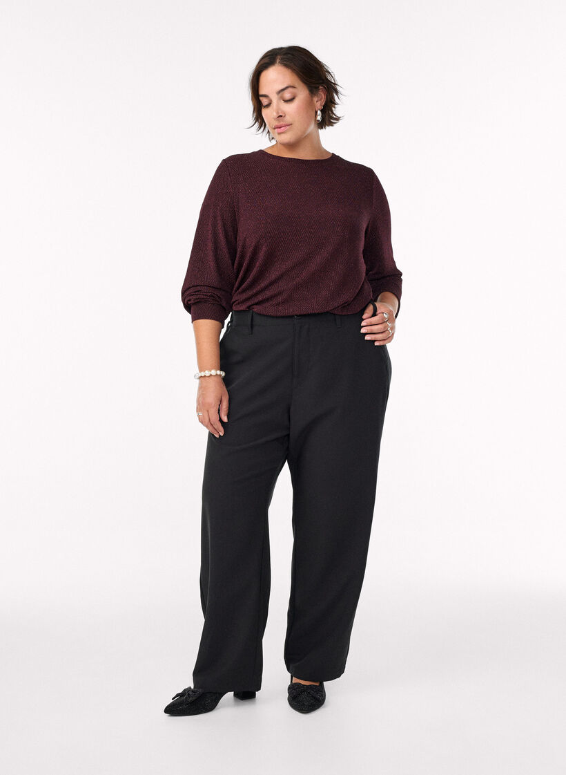 Blus med fiskbensm&ouml;nster och glittertr&aring;d, M&ouml;rk Bordeaux, Model image number 1