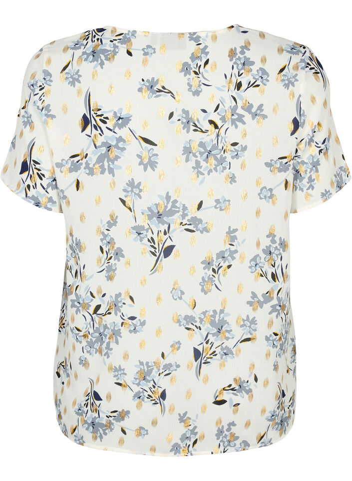 Blus med tryck och lurex, White Flower/Gold, Packshot image number 1