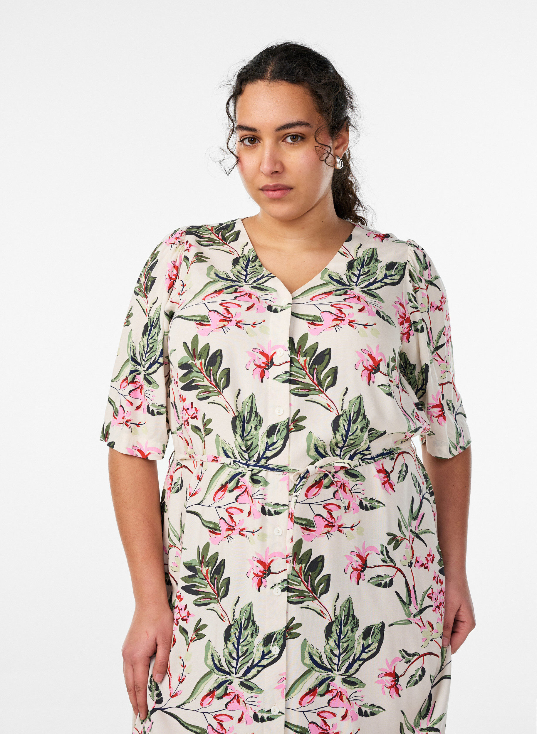 Zizzi Midikl&auml;nning med tryck och knytsk&auml;rp, Vanilla, Model image number 2