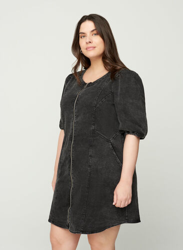 Kortärmad jeansklänning med blixtlås, Grey Denim ASS, Model image number 0