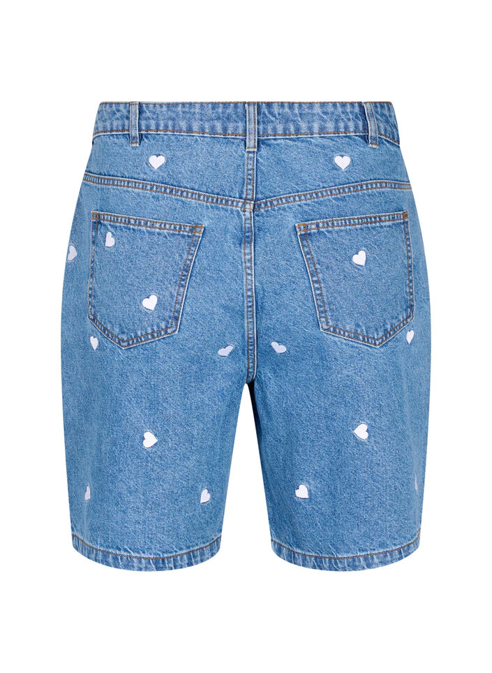 Jeansshorts med h&ouml;g midja och broderade hj&auml;rtan, Bl&aring;, Packshot image number 1
