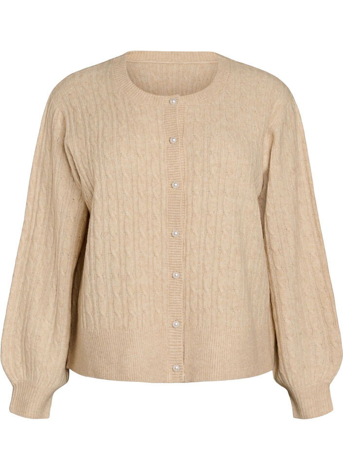 Fl&auml;tstickad kofta med p&auml;rlknappar, Beige, Packshot image number 0