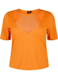 Åtsittande blus med v-ringning och meshdetalj, Vibrant Orange
