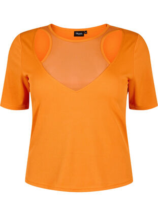 Åtsittande blus med v-ringning och meshdetalj, Vibrant Orange, Packshot image number 0