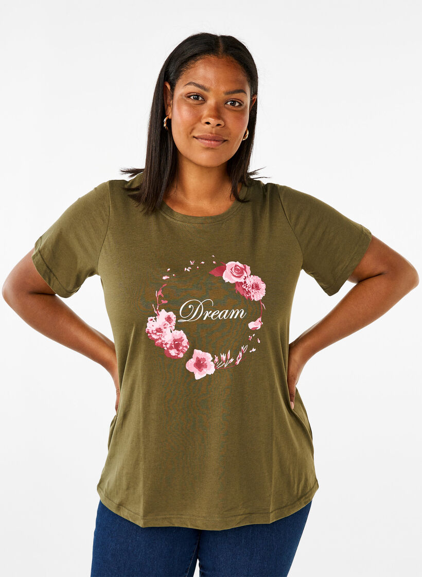 T-shirt från FLASH med tryck, Olive Night Flower, Model image number 0