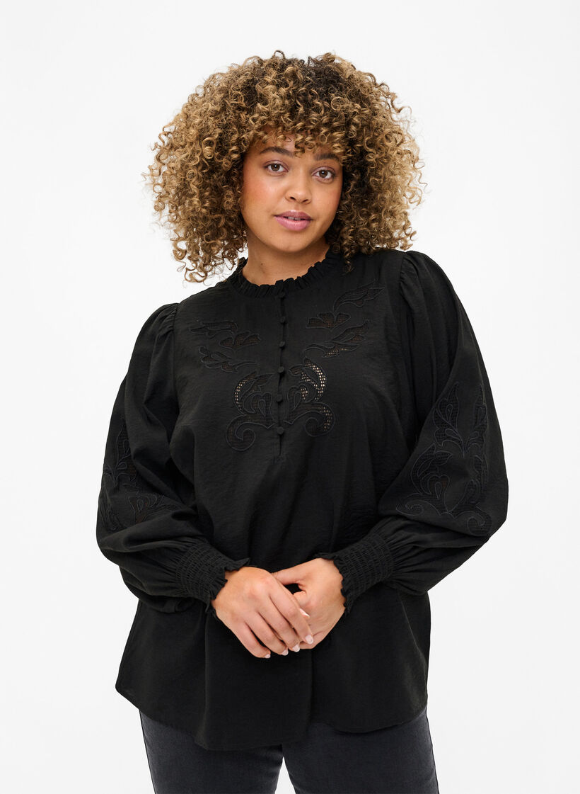 Blus med volanger och Broderie anglaise, Black, Model image number 0