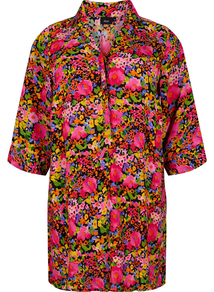 Blommig viskostunika med 3/4-ärmar, Neon Flower Print, Packshot image number 0